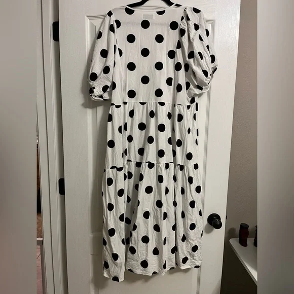 Petal & Pup Midi Tiered Skirt Flowy Polka Dot Puff Sleeve Tie Neck Tarnie Dress - Picture 4 of 11